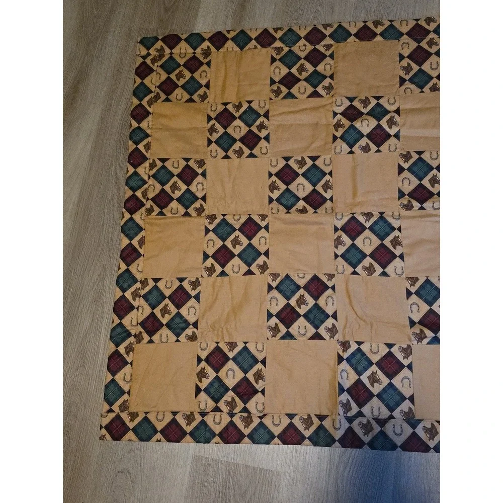 Vintage Handmade Cotton Patchwork Baby Blanket 35x35 Horse Horseshoe Cowboy West